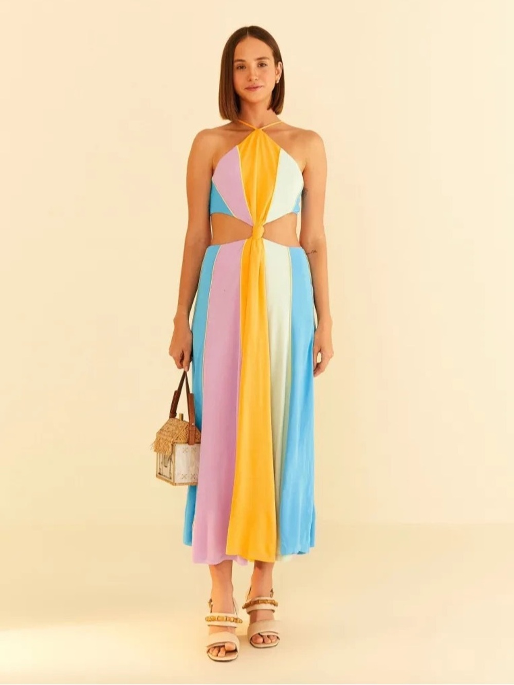 FARM Rio Multicolor Halter Knot Midi Dress in Yellow, Blue, Lavender & Mint
